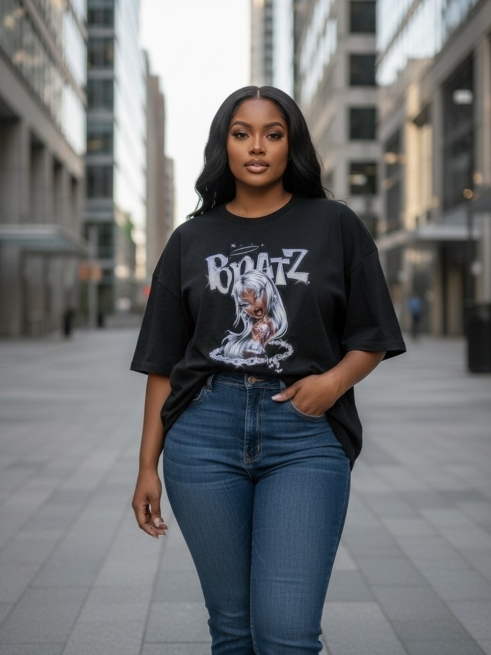 Fashion Nova Bratz Sasha Cyber Y2K Graphic T-Shirt Black 1X Oversized Tee (EUC)